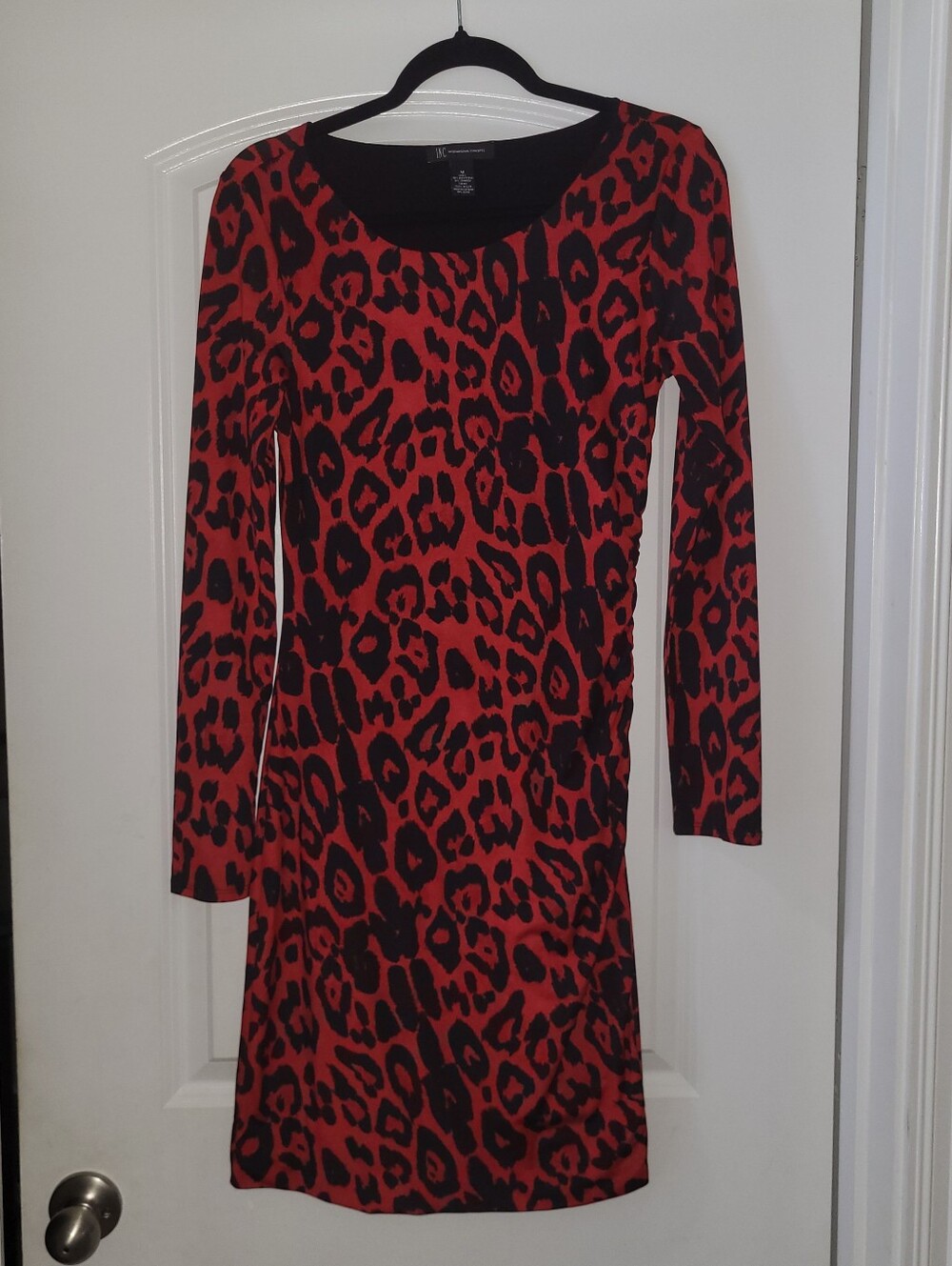 INC Red Black Leopard Cheetah Print Long Sleeve Dress Women's Ruched Dress Sz. M